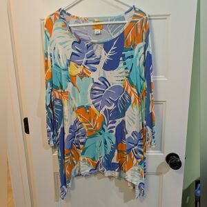 Ruby Rd. Tropical Leaf V-Neck Tunic in Blue, Teal & Orange